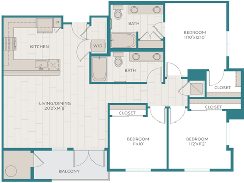 Floor plan for 3 beds, 2 baths, 1332 sqft